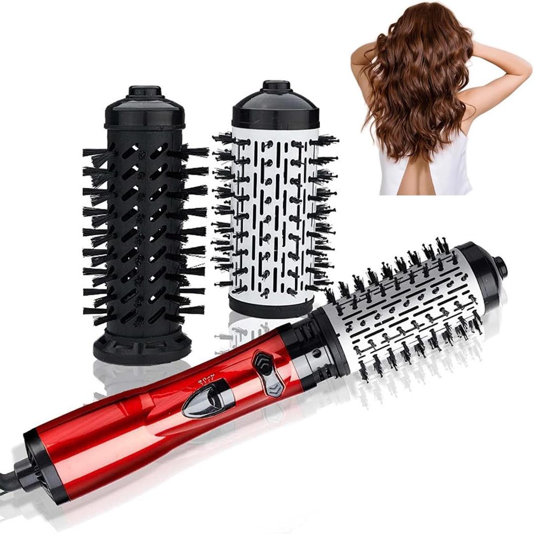 3-in-1 Hot Air Styler and Rotating Hair Dryer, Spin Hair Dryer Brush with 2 Interchangeable Brush, Anti-frizz Hot Air Spin Brush Set for Straightening, Drying, and Curling (Red)