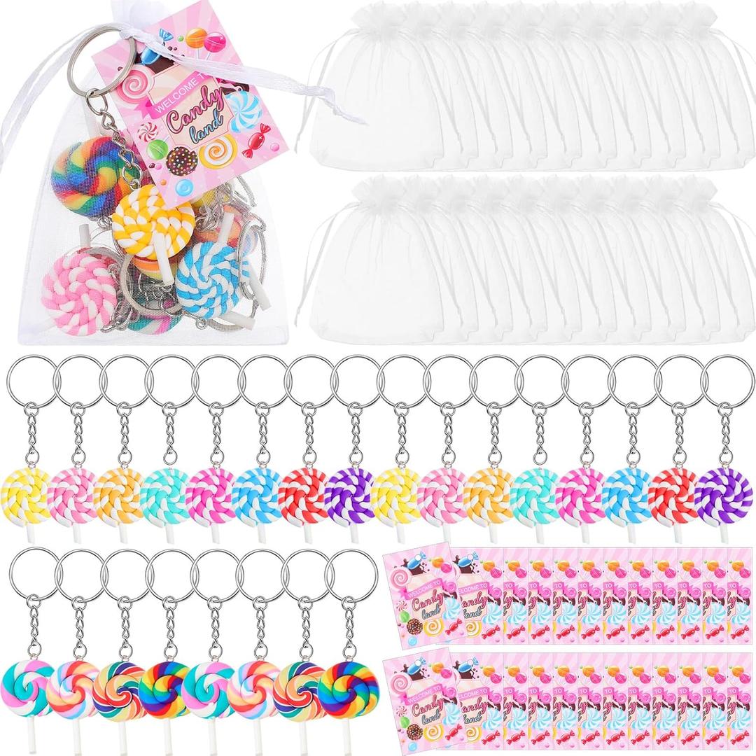 74 Pcs Candy Party Favors Set Sweet Lollipops Keychains Charms Clear Organza Bags and Candy Tags Candy Theme Party Decorations for Lollipop Birthday Baby Shower Supplies