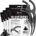 Dental Floss Picks for Teeth (200ct) - Double Thread Tooth Picks Flossers for Adults, Toothpicks Floss, Vegan Corn-Straw Handle, Shred-Resistant String for Interdental Oral Care & Gum Health, Charcoal, 2 Pack