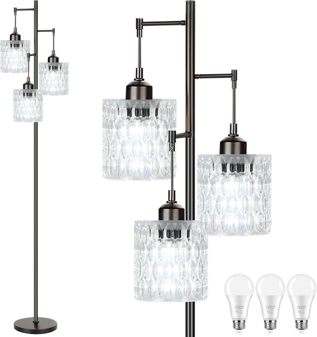 Black Floor Lamp for Living Room Bedroom,Mid Century Modern Floor Lamps with Transparent Glass Shades,3 Lights Vintage Tree Floor Lamps for Corner Office,68IN Tall Standing Lamp Bulbs Included