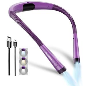 Glocusent Book Light, 3-Color & 6-Brightness Reading Light, Bendable Neck Light, 80-hr Lasting Rechargeable Book Light, Perfect Reading Lights for Books in Bed, Knitting, Repairing, Book Lovers Gifts, Purple