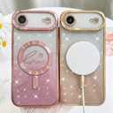 Fiyart Designed for iPhone Air Case 2025,Compatible with MagSafe Love Hearts Plating Camera Protection TPU Magnetic Glitter Shockproof Phone Bumper for Women Girls 6.6"-Pink