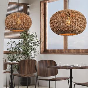 Arturesthome 1 Light Handwoven Boho Pendant Light, Rattan Wicker Hanging Ceiling Lighting Weave Chandelier Lamp Shade for Kitchen Island Restaurant Craft Room (40cmx28cm)