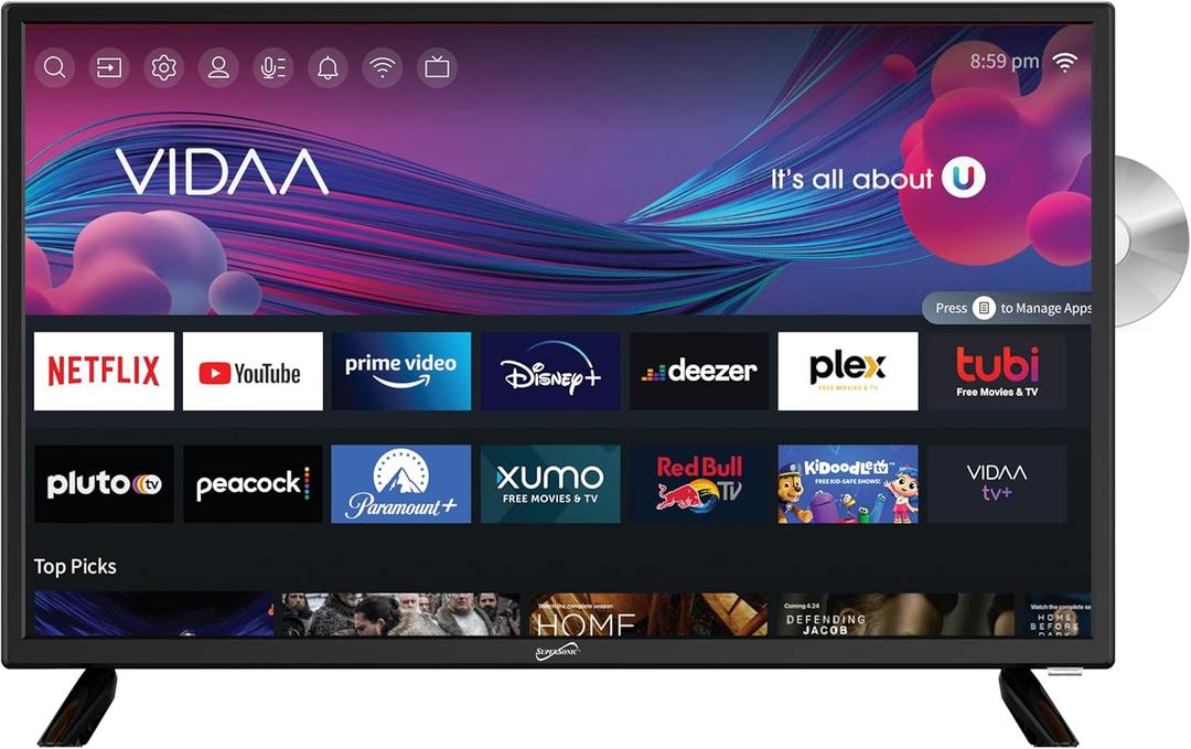 Supersonic SC-2426SDVD 24-inch LED Smart HDTV w/DVD Player, ATSC & NTSC System, 3X HDMI, 1080p, WiFi, USB, Multi Language OSD, AC/DC Compatible for Home, Kitchen, or RV Camper, DC Car Cord Included