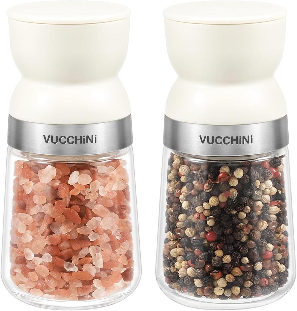 Vucchini Salt and Pepper Grinder Set with Adjustable Coarseness Ceramic Pepper Mill Manual Effortless Salt Grinder Spice Grinder for Home, Kitchen, Beige