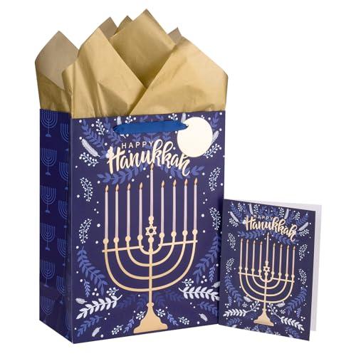 LeZakaa 13" Hanukkah Gift Bag with Gold Foil, Tissue Paper, Gift Tag and Card, Medium Holiday Gift Bag with Menorah Design for Shopping, Storage, 2 Pack