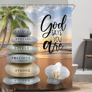 AMBZEK Beach Zen Stone Bible Verse Shower Curtain 60Wx72L Inch Ocean Sea Tropical Palm Tree Scripture Spa Lotus Quotes Artwork Cloth Fabric Waterproof Polyester Bathroom Decor Set with 12 Pack Hooks