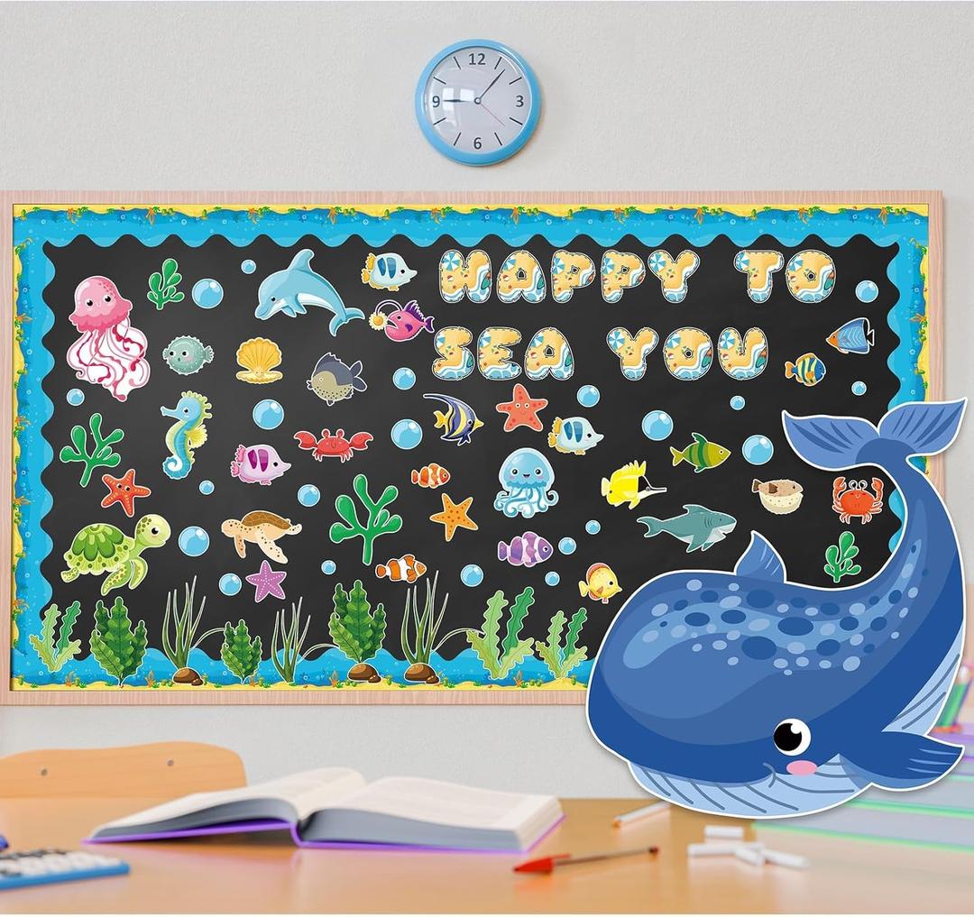 97 PCS Happy to Sea You Ocean Fish Bulletin Board Set Under The Sea Classroom Decorations Tropical Fish Cutouts Trim Strips for Summer Theme Party, Kids School Decor Ocean Themed Party Supplies