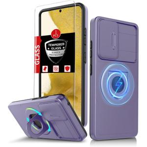 for Samsung Galaxy S22Plus Case Magnetic Compatible with MagSafe Wireless Charging,with Screen Protector,for S22+Plus Case with Stand Ring+Camera Cover Shockproof Heavy Duty Protection Purple