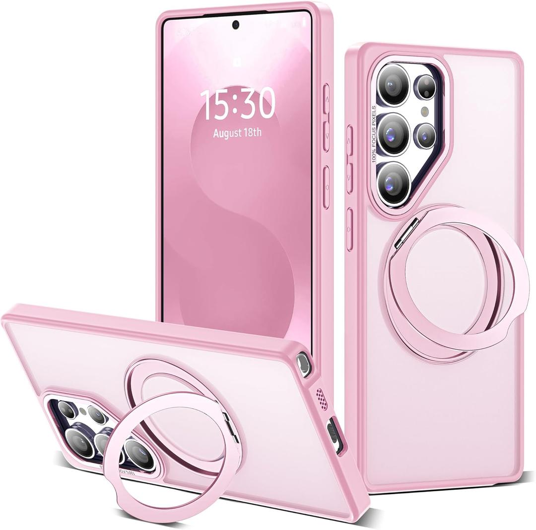 for Samsung Galaxy S25 Ultra Case with 360Rotatable Magnetic Ring Stand Compatible with Mag-Safe Military Protection Shockproof Matte Translucent Phone Cases for S25 Ultra 6.9",Pink