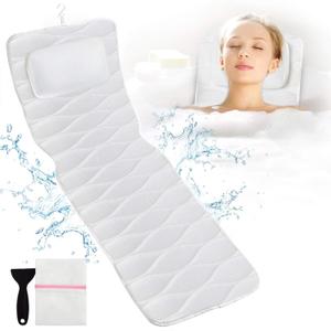Full Body Bath Pillow, Bath Pillows for tub with Mesh Washing Bag & 21 Non-Slip Suction Cups, Spa Bathtub Pillow for Head Neck Shoulder and Back Support - 5D Air Mesh & Quick Drying (50x16 Inch (Pack of 1), White)
