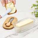 Butter Dish with Lid, Glass Butter Container for Countertop, Butter Keeper Holder with Wood Lid and Knife for East West Coast Butter Stick, Kitchen Counter Dcor (Stripe)