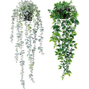 2Pcs Fake Plants Hanging Artificial Decorations, Faux Potted Eucalyptus and Pea Pod Plants for Bathroom Home Office Desk Wall Shelf Bookcase Accessories Decor Indoor
