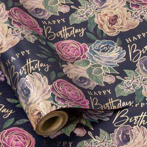 RUSPEPA Birthday Wrapping Paper for Women, 17 in x 16.4 ft, Mini Roll, Vintage Flower Wrapping Paper, Royal Blue Flower Kraft Gift Paper, Happy Birthday Pattern Great for Mother, Party and Holiday