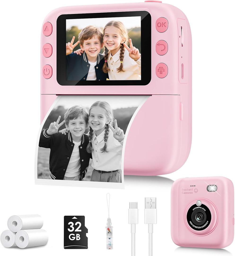Instant Print Camera for Kids, Christmas Birthday Gifts for Girls Boys, 1080P Instant Digital Print Cameras for Toddler,Portable Toy for 4 5 6 7 8 9 10 Year Old Girl with 32GB SD Card