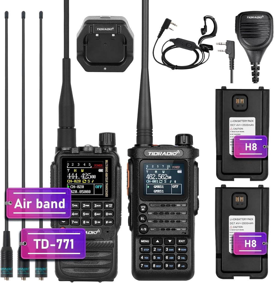 TIDRADIO Radioaficionado TD-H8 (2 generaciones) con batera 2 piezas y radio bidireccional multibanda TD-H3 con AirBand y antena larga TD-771