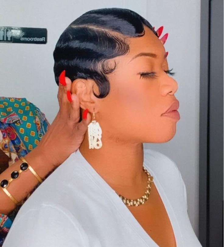 Black Finger Wave Human Hair Wig 4Inch Short Pixie Cut Wigs Brazilian Virgin Human Hair Wigs Finger Ocean Wave Wig Mommy Hair for Women 180% Density