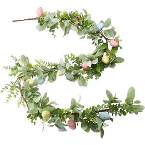 AOMOONOA 6 FT Easter Garland Artificial Egg Garlands with Green Leaves Easter Decorations for Home, Spring Decor for Mantle Fireplace Table Door