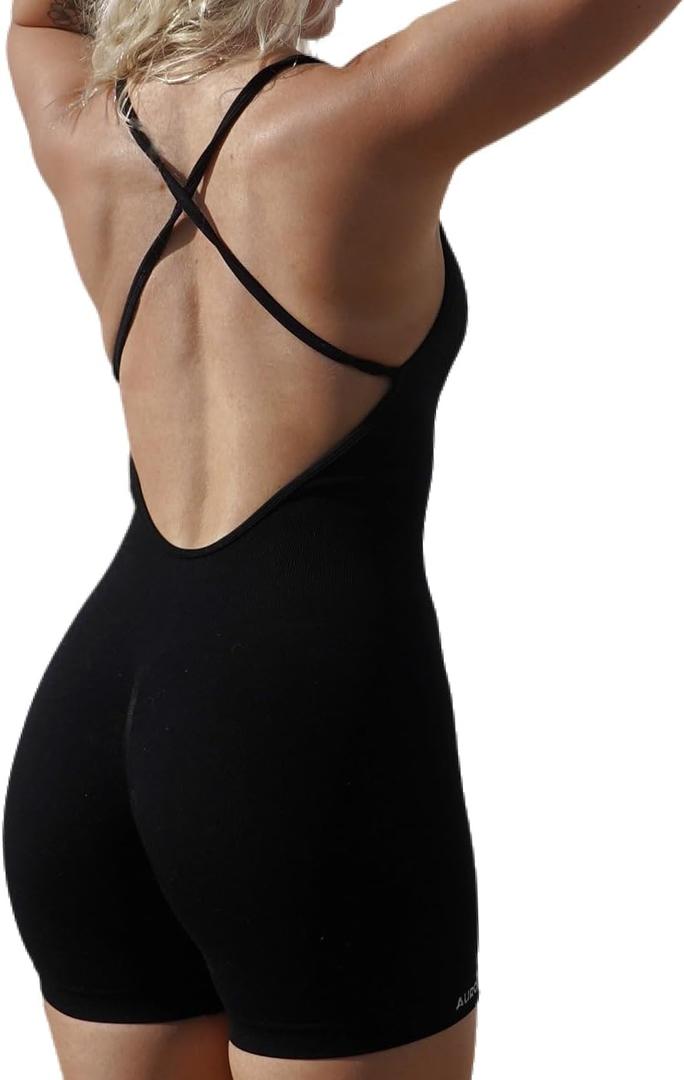 AUROLA Strapy Romper for Women Workout Yoga Gym Seamless One Piece Jumpsuit Tummy Control Padded Sports Bra (Large, Black)