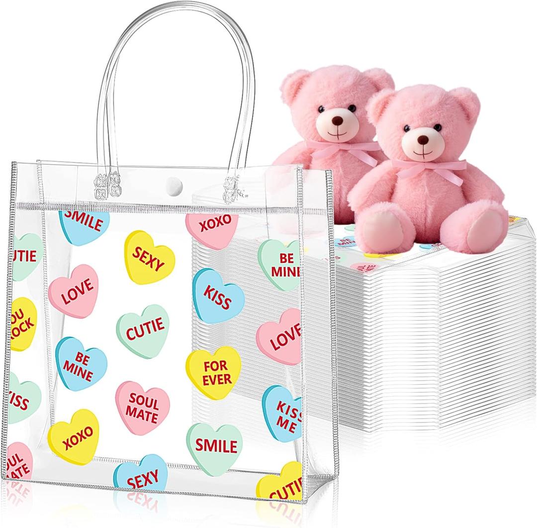 Roowest Valentine Heart Clear Gift Bag with Handles Conversation Hearts Favor Bulk Bag with Button for Valentine Date Wedding Party Favor Bridal Shower Retail Shopping, 8x8x3.15''. Quantity Unknown