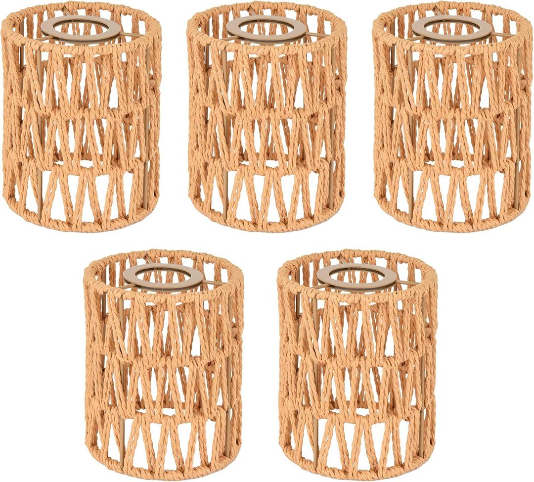 MELUCEE 5 Pack Rattan Lamp Shade, Small Boho Lamp Shades Replacement, 1.65in Fitter Light Covers, Cylinder Woven Lampshade for Floor Lamps Pendant Light Chandelier Wall Sconces