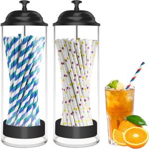Straw Holder for Standard Size Drinking Straws, Acrylic Plastic Straw Dispenser for Counter with Lid Black - Pack of 2(Straws Not Include)