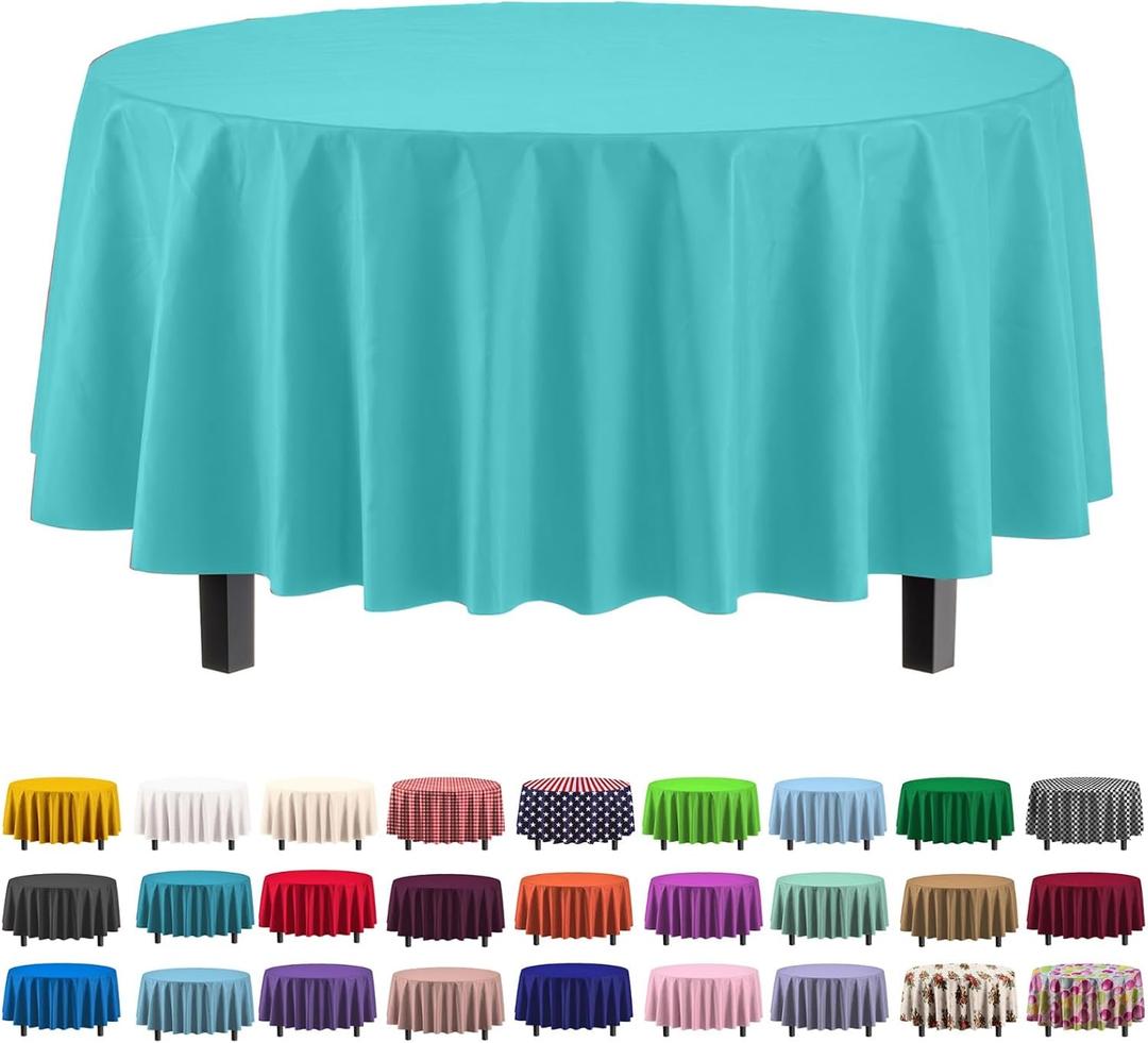 Party Solids 6-Pack Premium Plastic Tablecloth 84in. Round Plastic Table Cover - Aqua