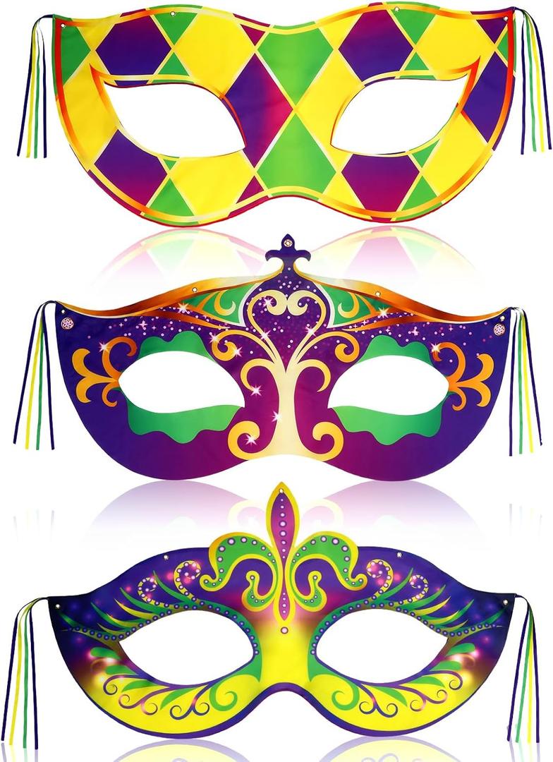 3 PCS Mardi Gras Outdoor Decorations, Large Mardi Gras Hanging Mask Banner Purple Green Yellow Porch Sign Oxford Banner for Carnival Party Masquerade