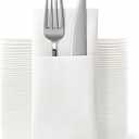 JEBBLAS Disposable Cloth Like Napkins, Built-in Flatware Pocket, Wedding Party Linen Feel White Napkin, Prefolded for Silverware,100 Count (100 Pack)
