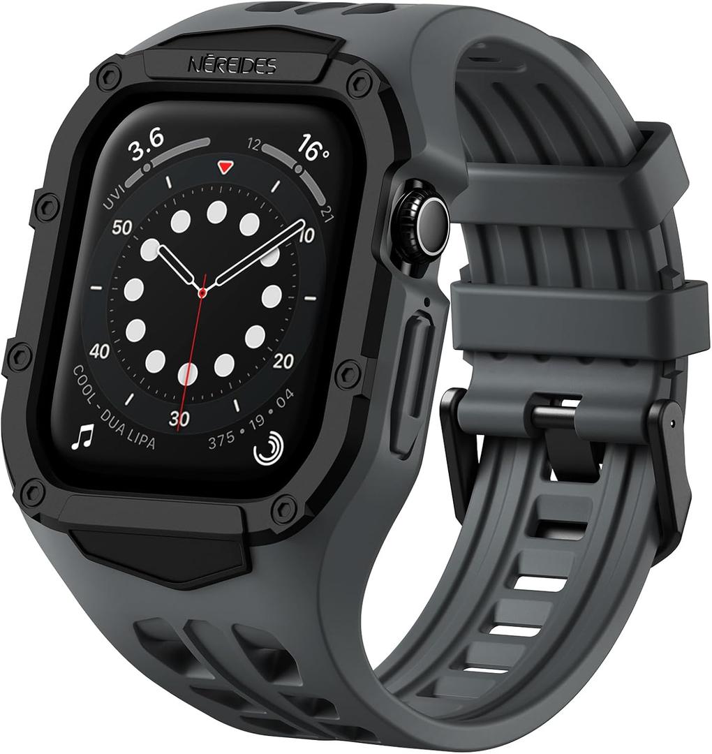 Nereides Rugged Sport band with Protective Case Compatible with Apple Watch 45mm 44mm, Shockproof Rugged Band for apple watch SE3/SE2/SE/9/8/7/6/5/4 (Gray)
