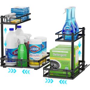 iSPECLE Under Kitchen Sink Organizer - 2 Pack Height Adjustable Pull Out Cabinet Organizer Fit Around Plumbing & Disposal, Heavy-Duty Undersink Storage Sliding Get Item for 30" - 36" Wide Sink Cabinet (Two Black)