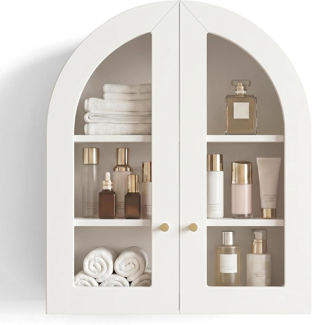 Arched Wall Cabinet, Bathroom Cabinet Wall Mount with Glass Doors & Adjustable Shelf, Floating Medicine Cabinet for Bathroom, Kitchen, Living Room Storage, White, 23.6 x 27.5 x 8.46 in