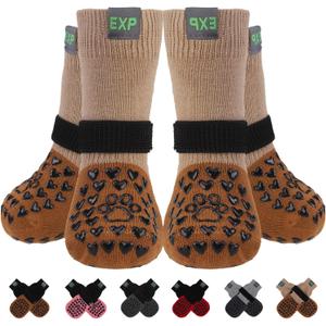 EXPAWLORER Anti Slip Dog Socks to Prevent Licking Paws, Winter Snow Dog Boots & Paw Protectors Booties for Hardwood Floors with Heart Grippers, Dog Shoes for Small Medium Large Senior Dogs Khaki L