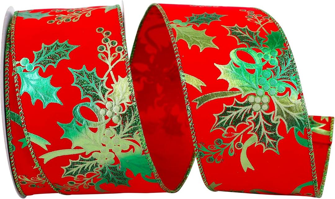 Reliant Ribbon 93656W-985-40F Holly Sparkle Velvet Wired Edge Ribbon, 2-1/2 Inch X 10 Yards, Red/Green