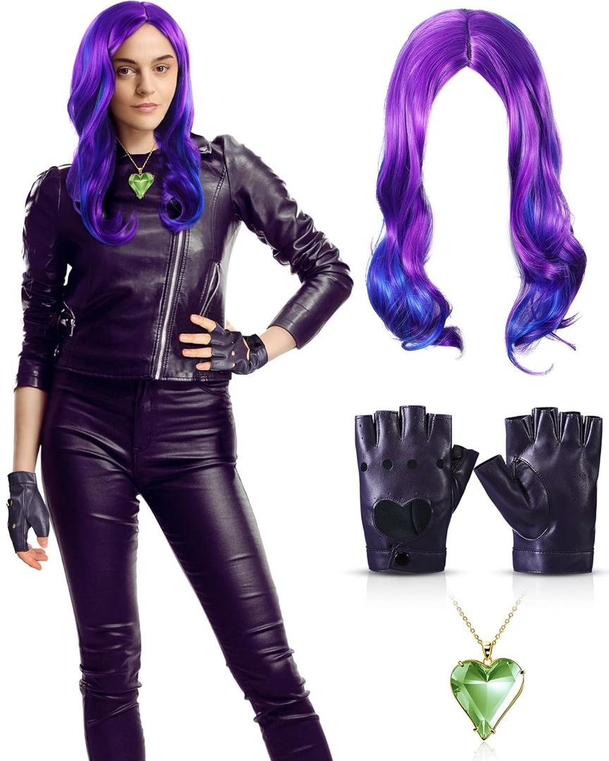 3 Pcs Halloween Costume Accessory Set Includes 16 Inch Purple Wig, Green Heart Necklace, Heart Cutout Punk Gloves for Women Adults Halloween Cosplay Party