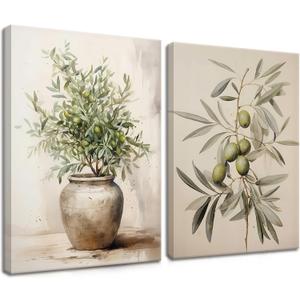 2Pcs Framed Botanical Wall Art Green Olive Branches Poster Print Neutral Farmhous Plant Picture Canvas Painting Wall decor for Living Room Kitchen or Dining Room Decor 12x16IN