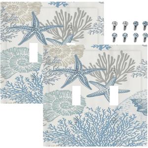 Decorative Light Switch Plate Covers Blue Starfish Coral Seaweed 2 Gang Light Switch Cover Plate Double Toggle Wall Plate Outlet Covers for Bathroom Bedroom Decor 2 Pack