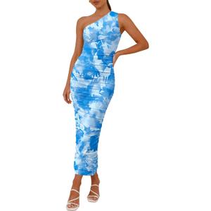 PRETTYGARDEN Wedding Guest Dresses for Women Summer 2026 One Shoulder Ruched Mesh Bodycon Cocktail Beach Floral Maxi Dress (Blue, M)