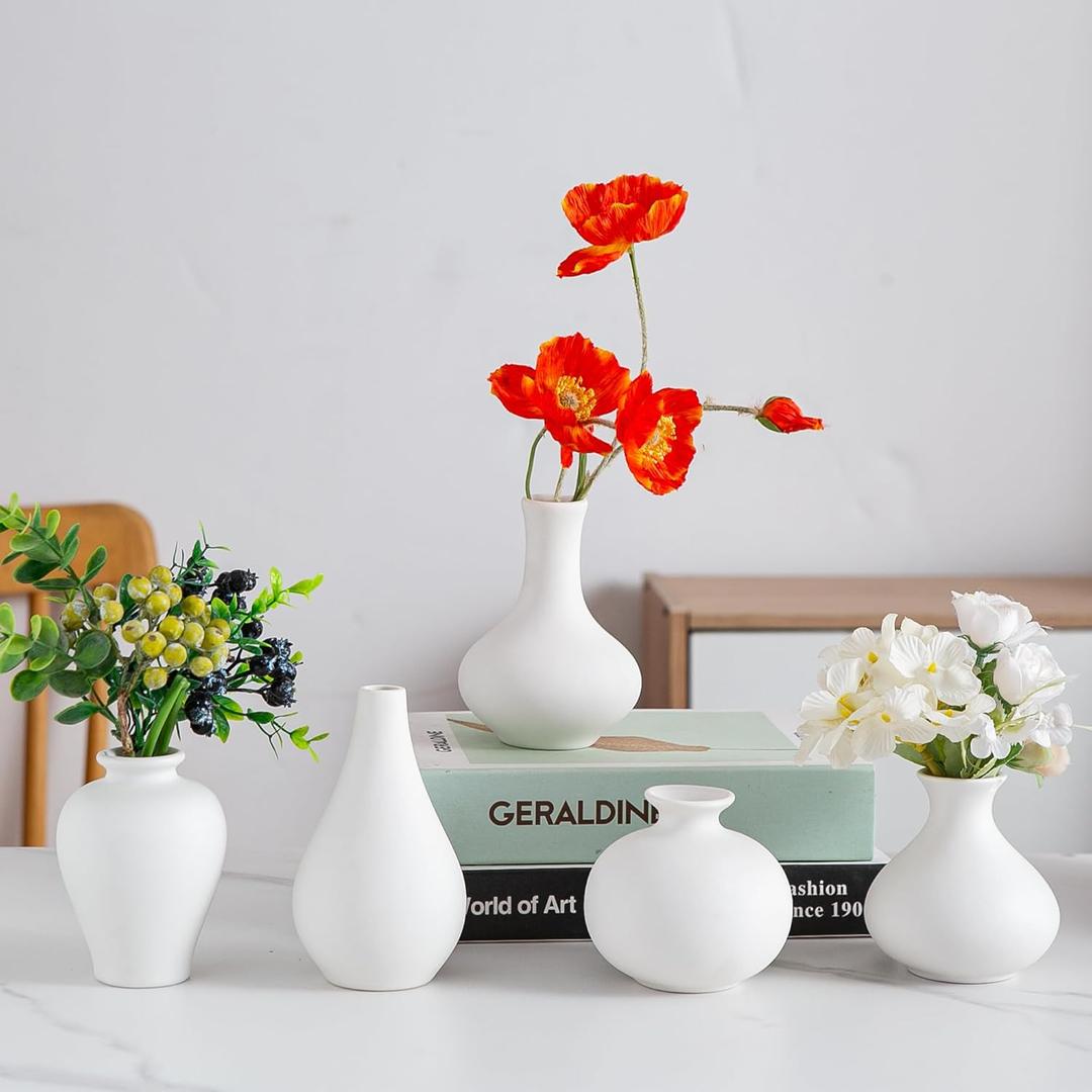 White Ceramic Bud Vase Set of 5, Mini Vases for Flowers, Decorative Small Vases for Home Decor, Boho Wedding Centerpieces, Living Room, Dining Table & Shelf Decor