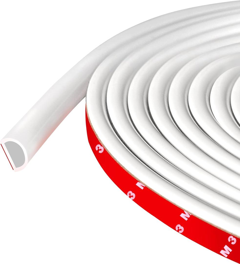 Weather Stripping Door Seal Self Adhesive Door Weather Strip Silicone D Shaped Seal Strip for Door Frame/Window Seal, 20Ft, White (3/8" W  1/4" T)