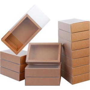 26 PCS Rectangle Drawer Kraft Boxes Small Cardboard Present Packaging Boxes for Party Favor Treats, Candy and Jewelry Crafts, 6.5 x 3.7 x 1.6 inch (Clear frosted, Brown)