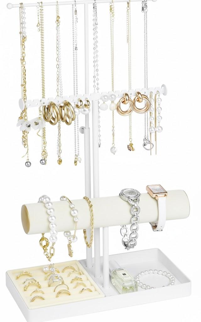 Jenseits 3-Tier Jewelry Holder Organizer:17.1" Adjustable Hanger, Velvet Ring Tray, Metal Aesthetic Display Stand for Necklaces, Earrings, Bracelets, Watches, Gold Jewelry Storage Tower Tree for Women