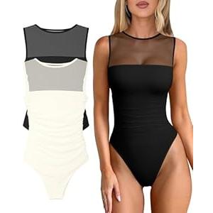 OQQ Women 2 Piece Bodysuit Mesh Ruched Sleeveless Turtle Neck Shapewear Body Suits One Piece Leotard Shirt Going Out Tops M