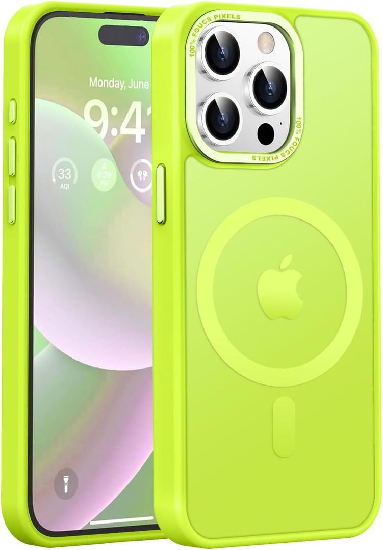 Newfuture Upgraded Magnetic for iPhone 15 Pro Max Case [Compatible with Magsafe] [Mil-Grade Protection], Pocket-Friendly, Translucent Phone Case Cover for iPhone 15 Pro Max 6.7", Fluorescent Green