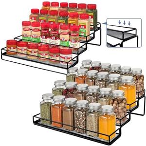 IFELS Spice Rack Organizer for Cabinet, 4 Tier Seasoning Organizer, Expandable Shelf, Step Storage Holder, Kitchen Cabinet Countertop, with Protection Railing, Metal (Black, 4 Tier, 2Pack)