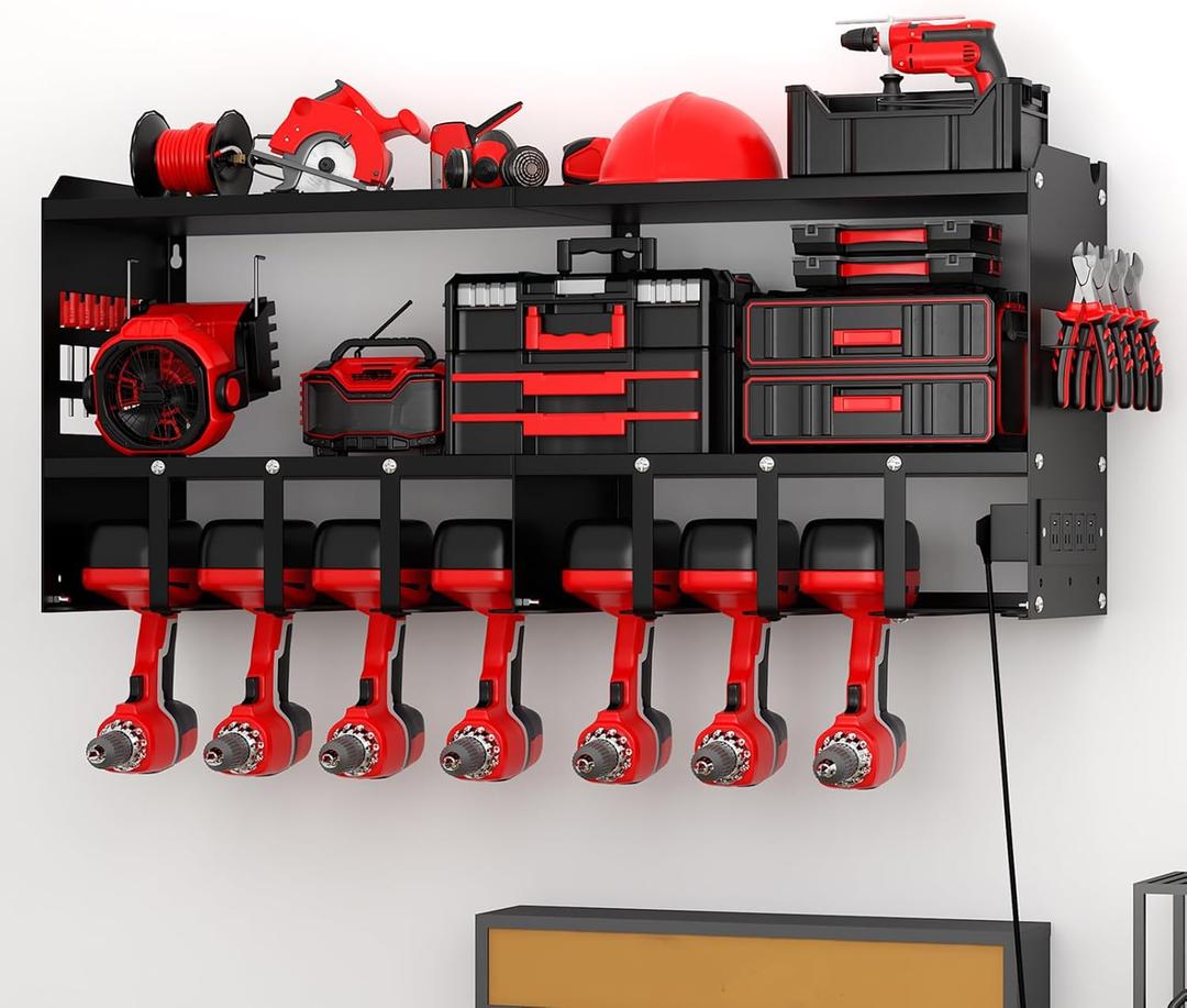 32.44 Large Power Tool Organizer Wall Mount, Tool Rack with 8 Drill Holders, 3 Layers Large Capacity Power Tool Rack, Tool Room Storage Ideal for Garage