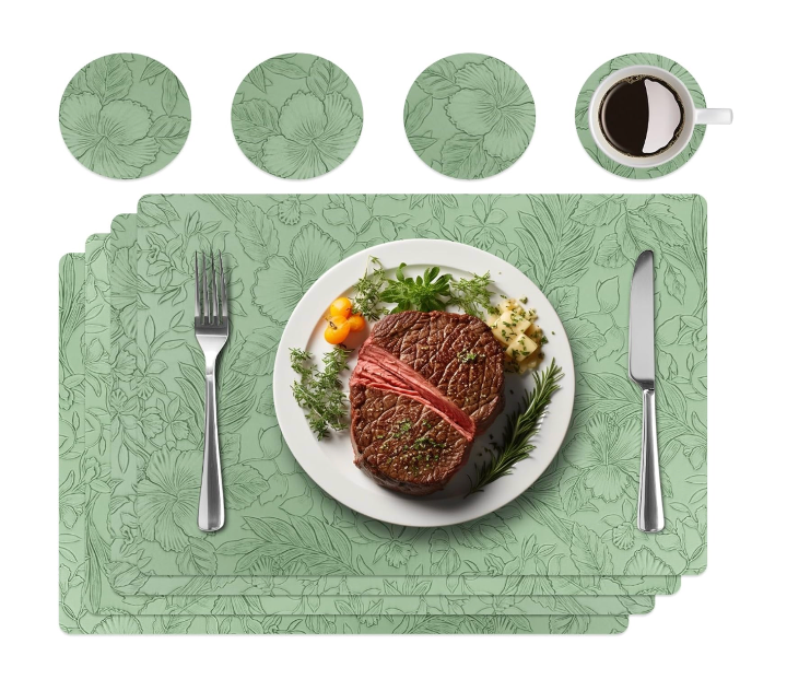 Placemats Set of 4 with 4 Coasters,Carving Floral Design,Non-Slip, Heat Resistant,Washable for Kitchen and Dining Table,Artificial Leather Place Mats (Green)