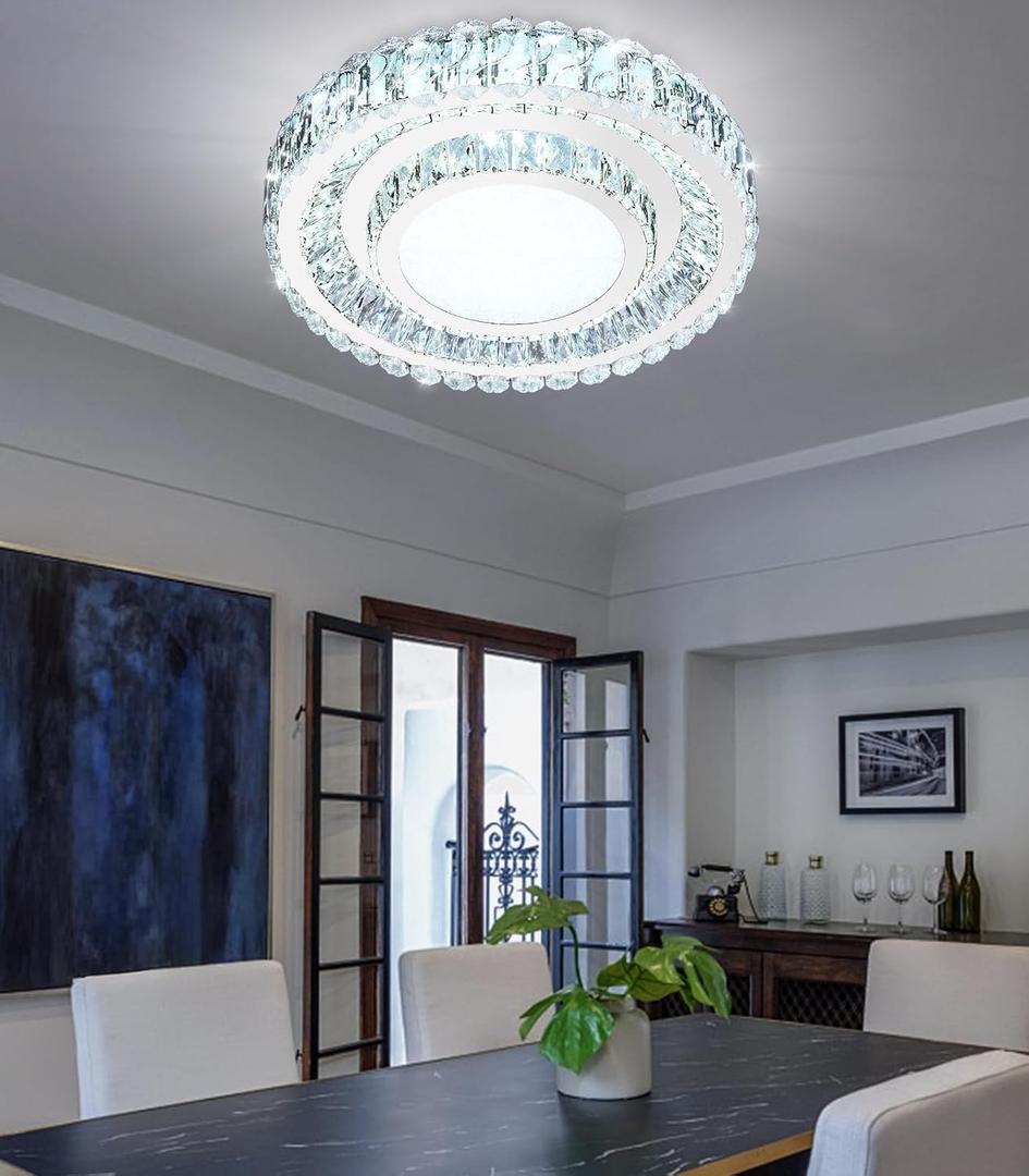 19.6" Dimmable Crystal Chandelier Modern LED Flush Mount Ceiling Light Fixtures for Living Room Bedroom Hallway Kitchen Island Staircase Silver