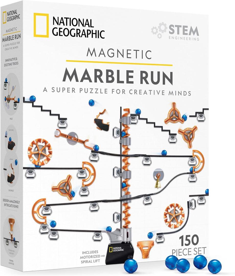 National Geographic Magnetic Marble Run - 150-Piece STEM Building Set for Kids & Adults with Magnetic Track & Trick Pieces & Marbles for Building A Marble Maze, STEM Project