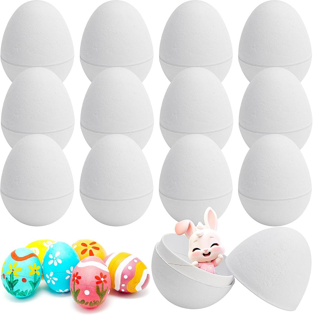 Watayo 12 Pcs DIY Paper Mache Easter Eggs, 3 Inch Blank Paper Mache DIY Craft Eggs, White Easter Fillable Paper Eggs for Easter Basket Stuffers Hunt Party Favors DIY Painting Craft Supplies